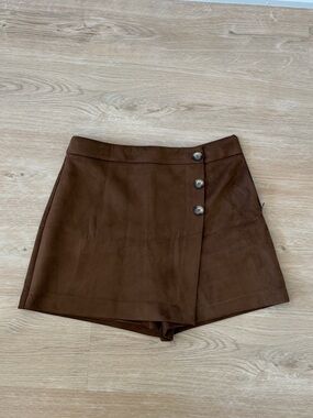 Brown Faux Suede Button Front Mini Skirt High Waisted Fall Skirt S/M